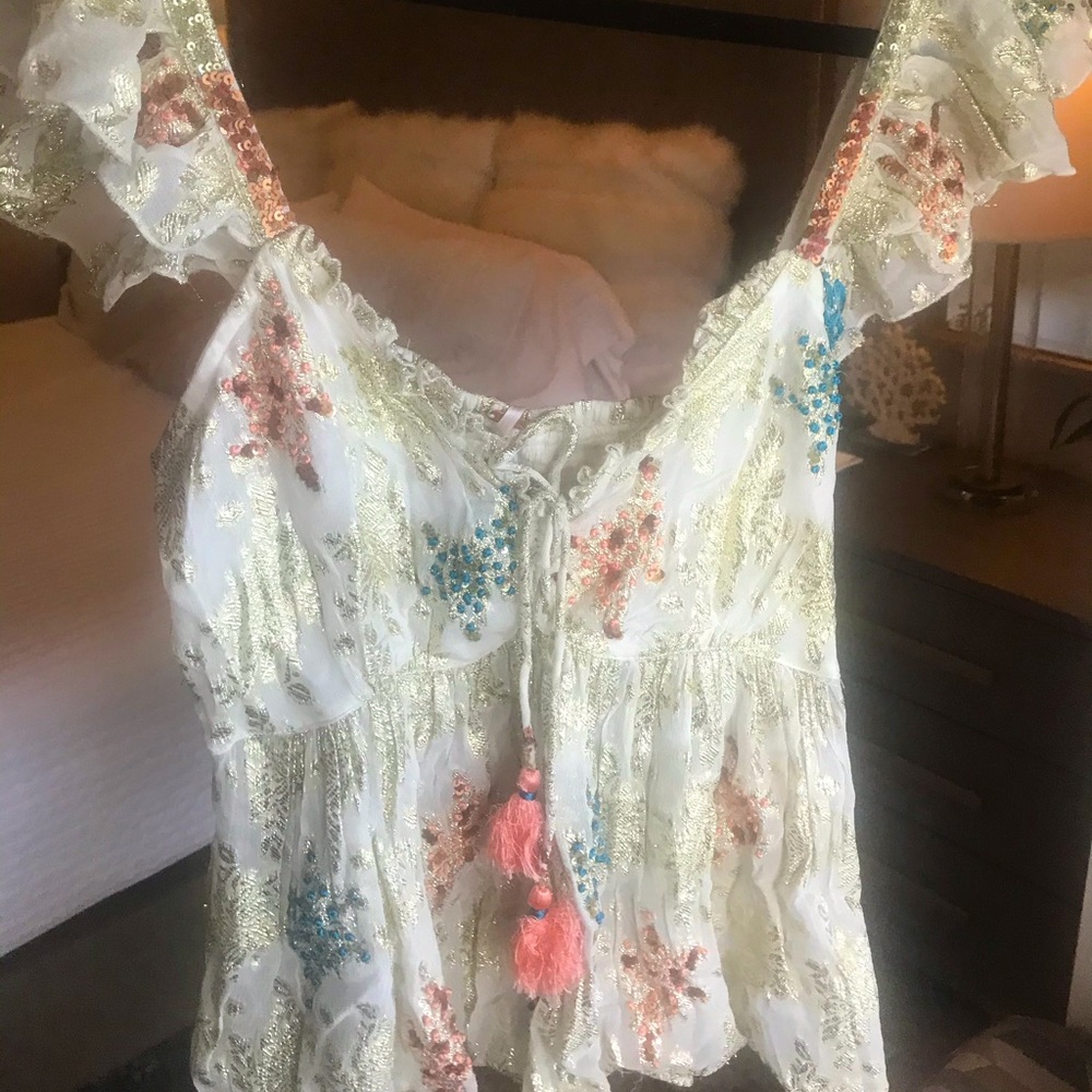 Nwt Free People $128 Gold sequins embroidery knots metallic babydoll empire